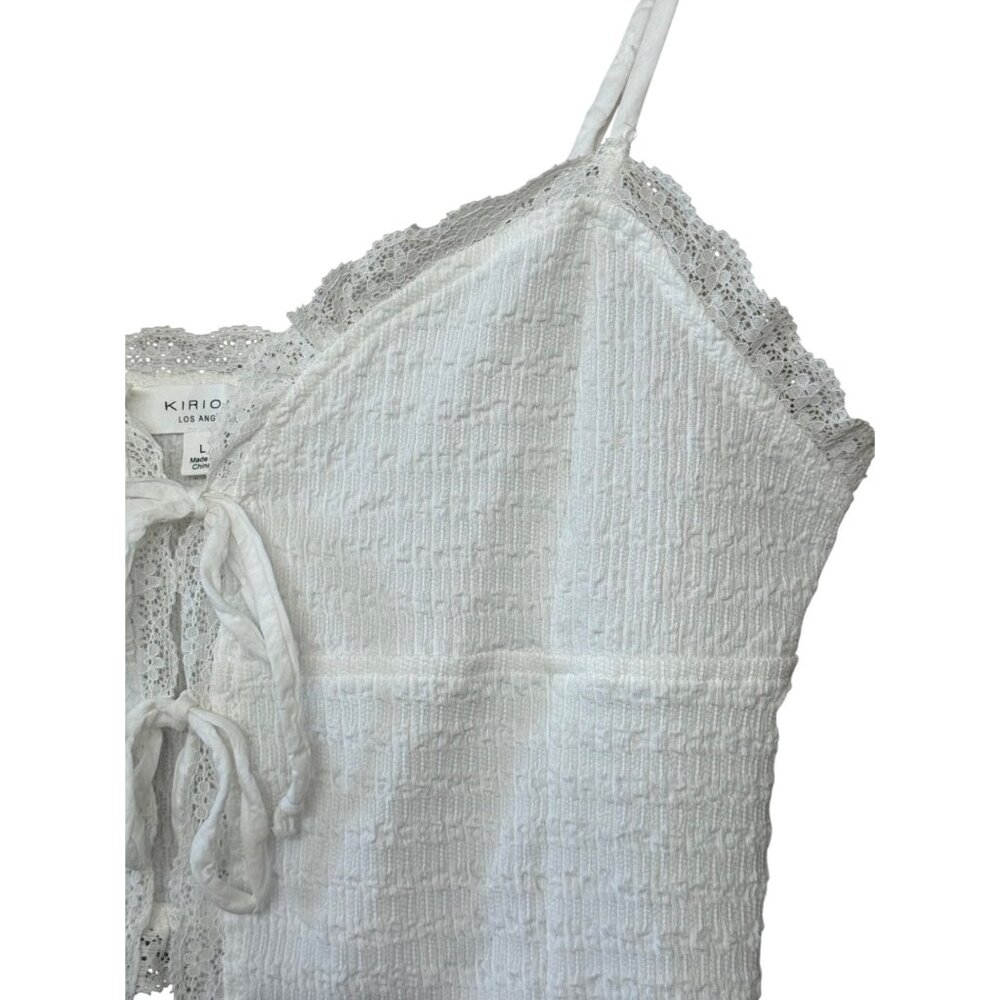 Kirious Los Angeles White Lace Trim Tie Front Boho Coquette Top Grunge Fairycore - Picture 3 of 12